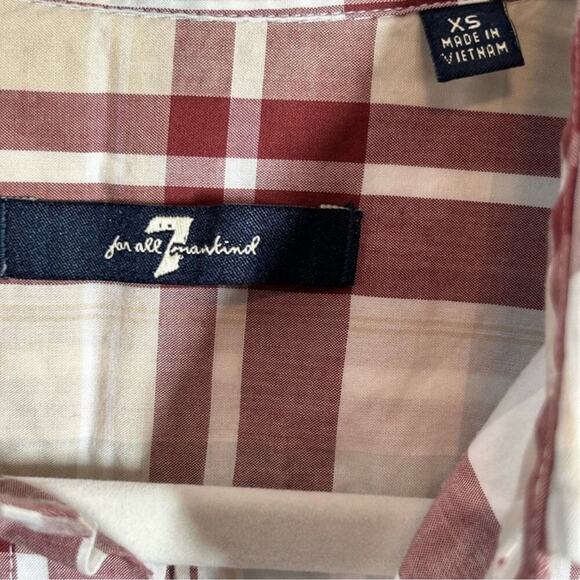 7 For All Mankind XS Plaid Button Down Shirt Cream Brown Red Blue Unisex - Picture 6 of 11